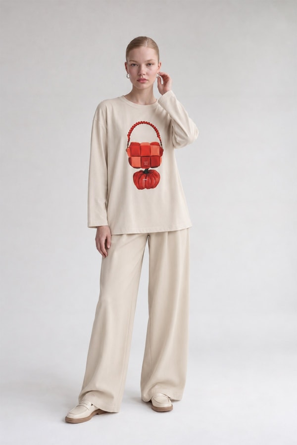 LevidorRahat Kesim Desenli İnce Sweat Bej