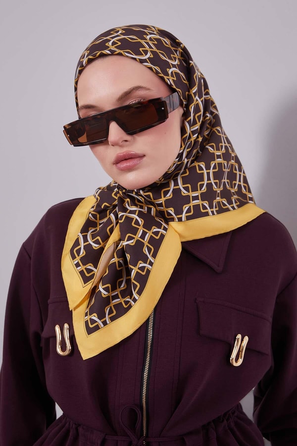 LevidorSarı Eliptik Desen Twill İpek Eşarp