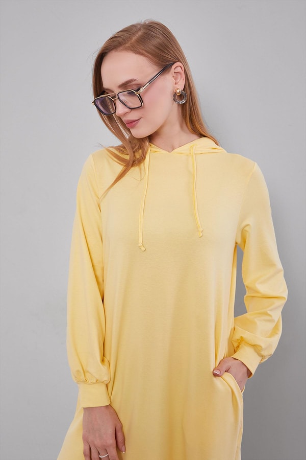 LevidorSarı Kapuşonlu Gizli Cep Detaylı Elbise