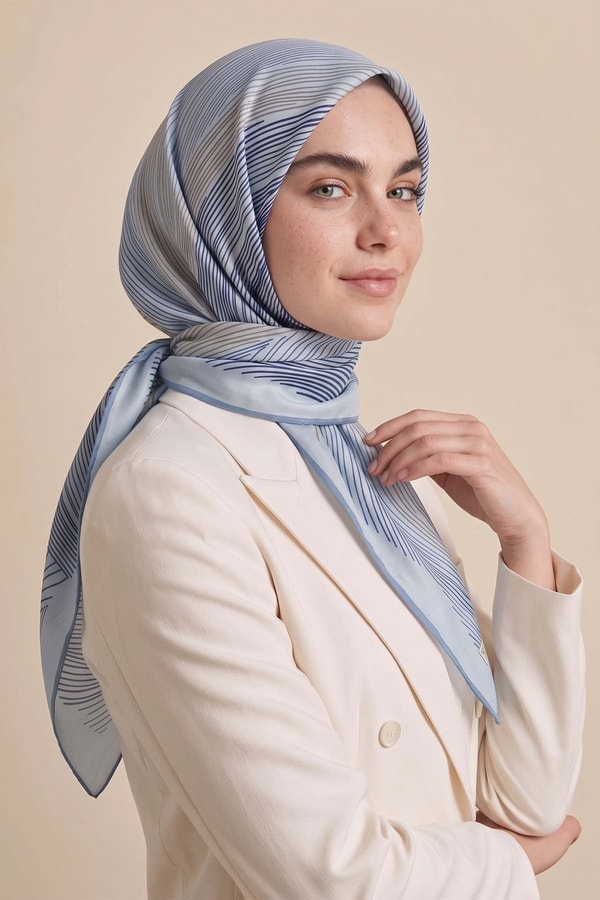 LevidorSarmal Çizgili Twill İpek Eşarp Bebe Mavisi