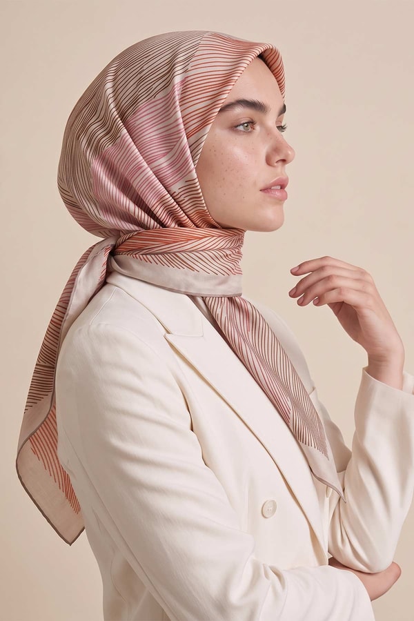 LevidorSarmal Çizgili Twill İpek Eşarp Bej