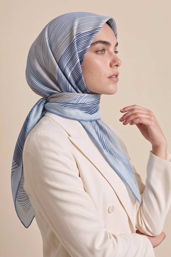 LevidorSarmal Çizgili Twill İpek Eşarp Bebe Mavisi