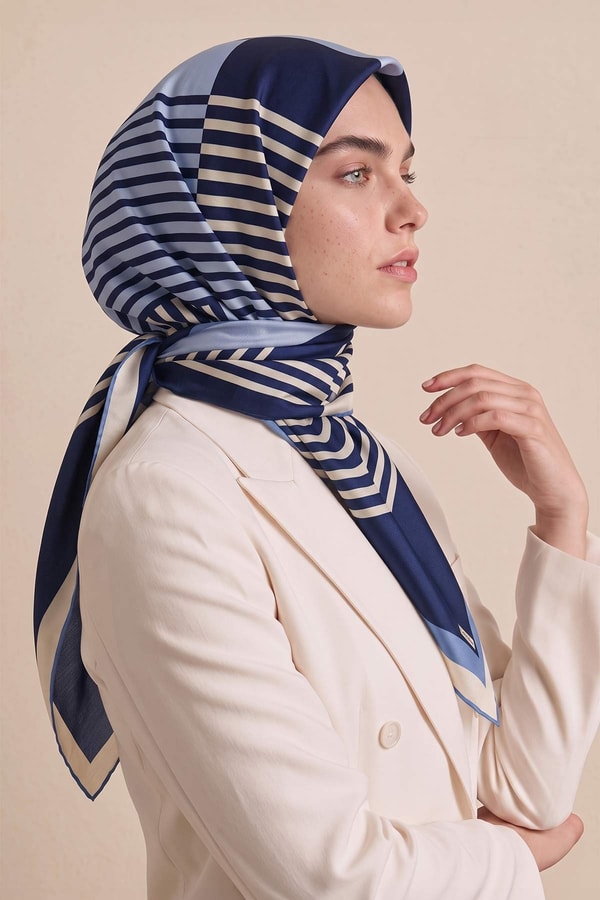 LevidorŞerit Çizgili Twill İpek Eşarp Lacivert
