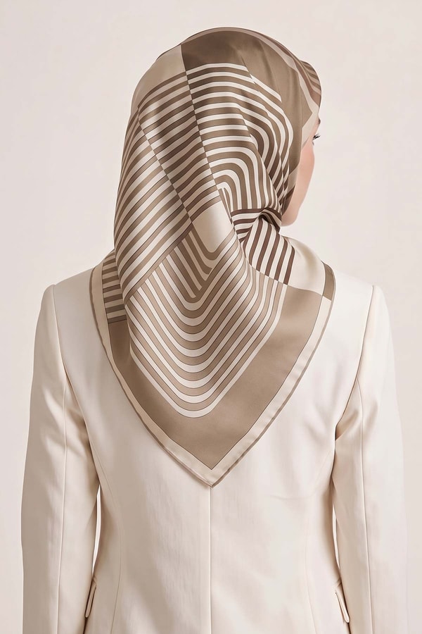LevidorŞerit Çizgili Twill İpek Eşarp Sütlü Kahve