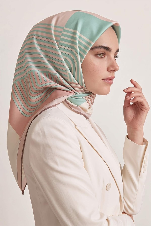 LevidorŞerit Çizgili Twill İpek Eşarp Yavruağzı