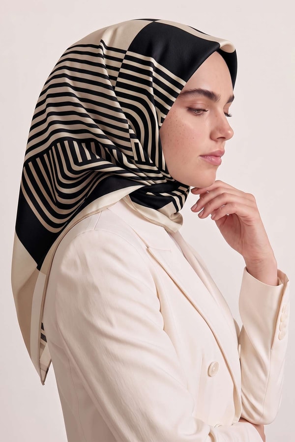 LevidorŞerit Çizgili Twill İpek Eşarp Vizon