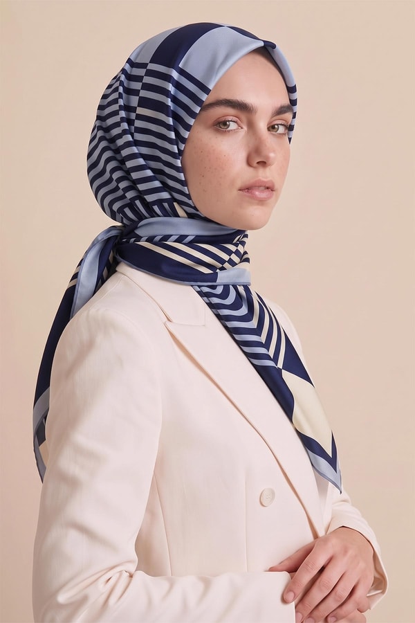 LevidorŞerit Çizgili Twill İpek Eşarp Lacivert