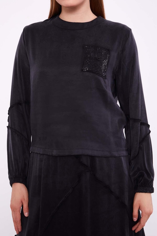 LevidorSiyah Asimetrik Fırfır Detaylı Cupra Etek Takım