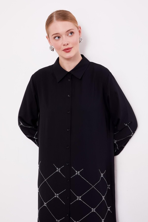 LevidorSiyah Baklava Desen Taş Baskılı Tunik