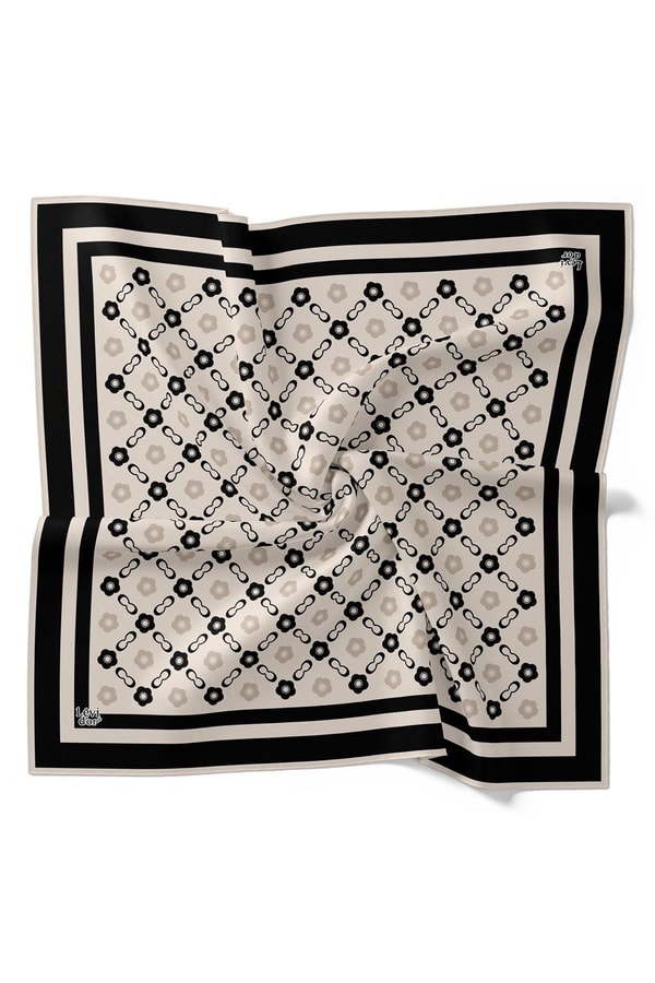 LevidorSiyah-Bej Papatya Desen Twill İpek Eşarp