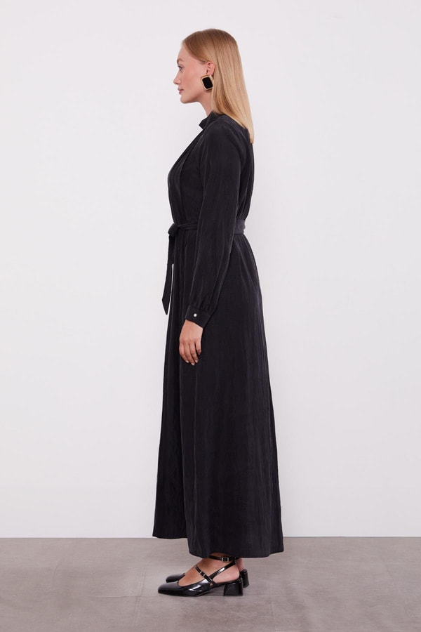 LevidorSiyah Bel Bağlamalı Pile Detaylı Cupra Elbise