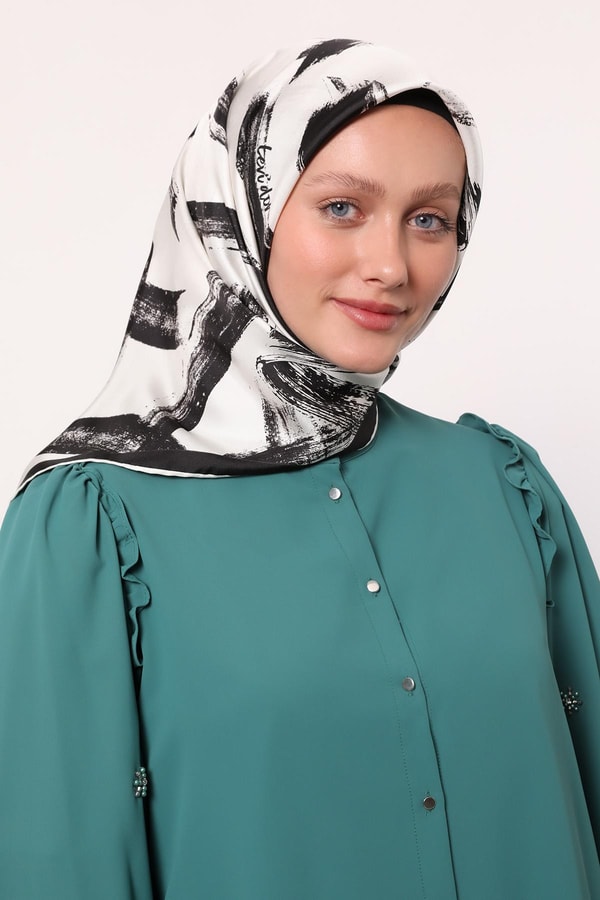 LevidorSiyah-Beyaz Fırça İzi Desen Twill İpek Eşarp