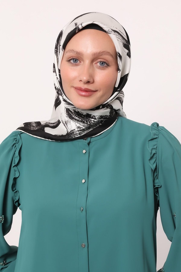 LevidorSiyah-Beyaz Fırça İzi Desen Twill İpek Eşarp