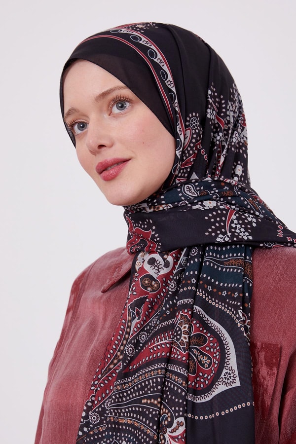 LevidorSİYAH-BORDO Etnik Desen Sport Şal