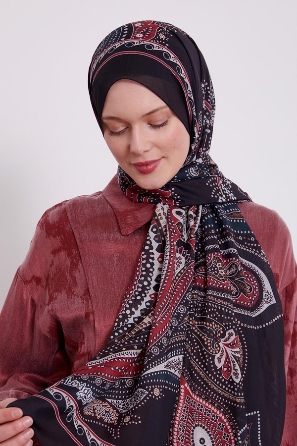 LevidorSİYAH-BORDO Etnik Desen Sport Şal