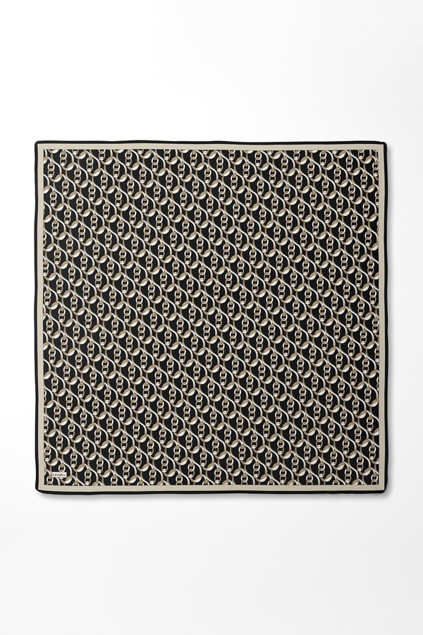 LevidorSiyah-Camel Zincirli Desenli Twill İpek Eşarp