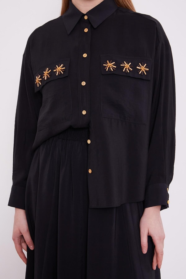 LevidorSiyah Cep Boncuk Papatya Detaylı Etek Takım