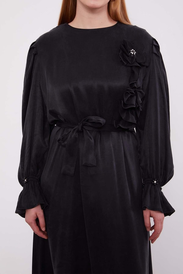 LevidorSiyah Çiçek Aksesuarlı Cupra Elbise