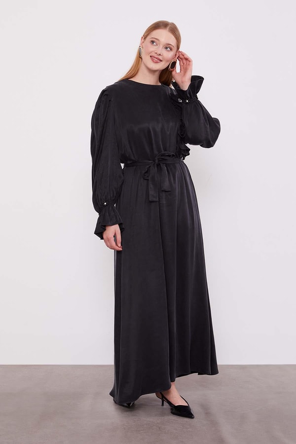 LevidorSiyah Çiçek Aksesuarlı Cupra Elbise