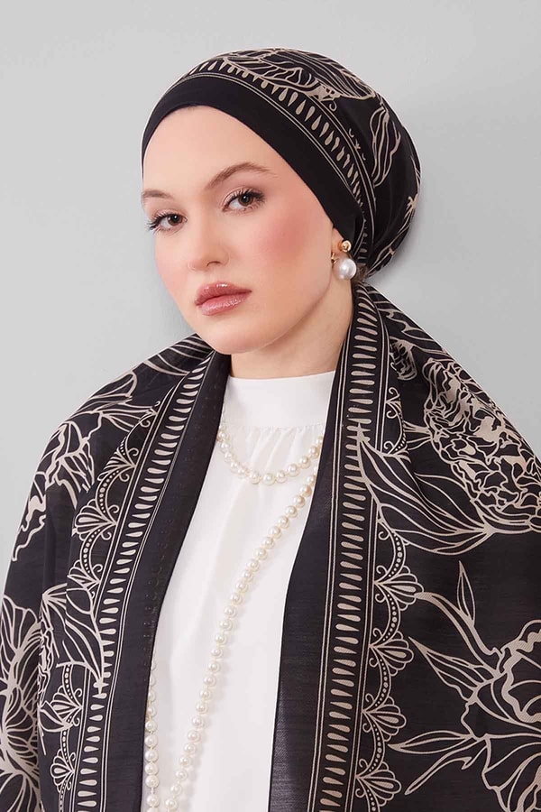 LevidorSiyah Çiçek Desenli Yün İpek Şal