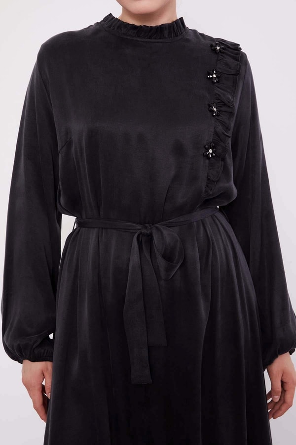 LevidorSiyah Çiçek Taş Detaylı Cupra Elbise