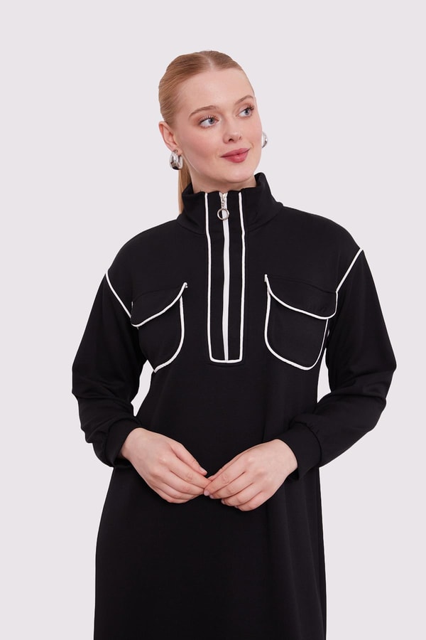 LevidorSiyah Çizgi Cep Detaylı Elbise
