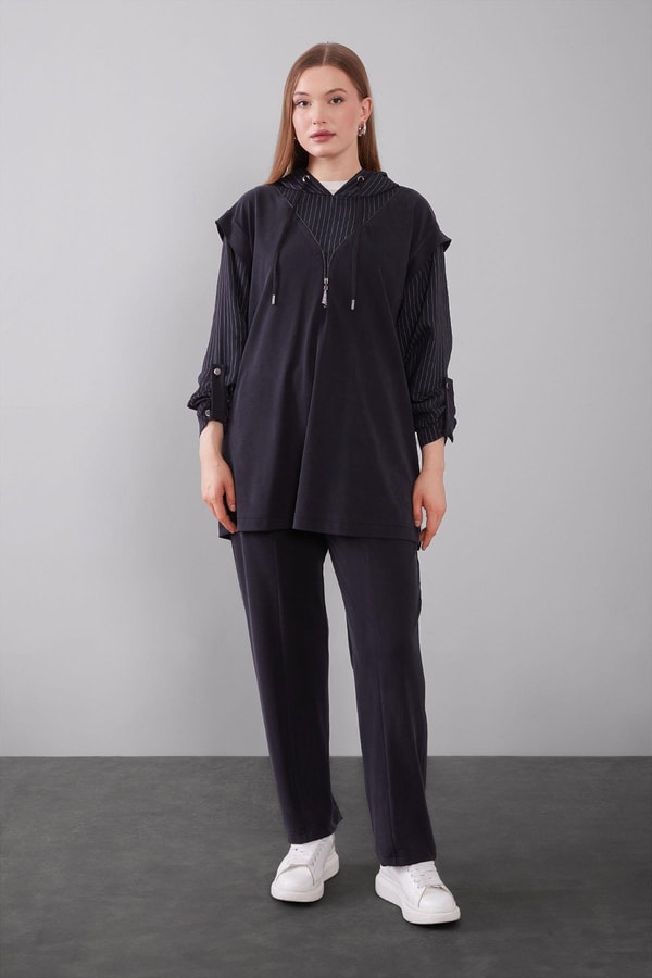 LevidorSiyah Çizgi Detaylı Kapüşonlu İkili Takım