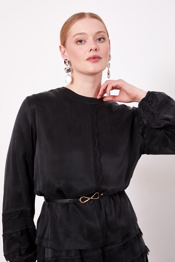 LevidorSiyah Dantel Şeritli Cupra Etek Takım