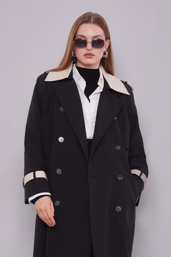 LevidorSiyah Deri Kumaş Detaylı Trençkot