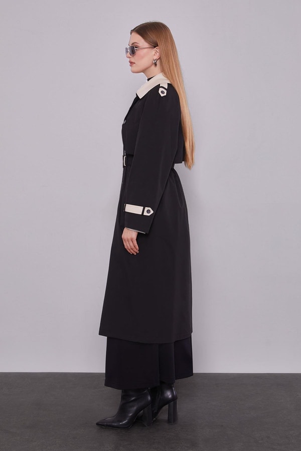 LevidorSiyah Deri Kumaş Detaylı Trençkot