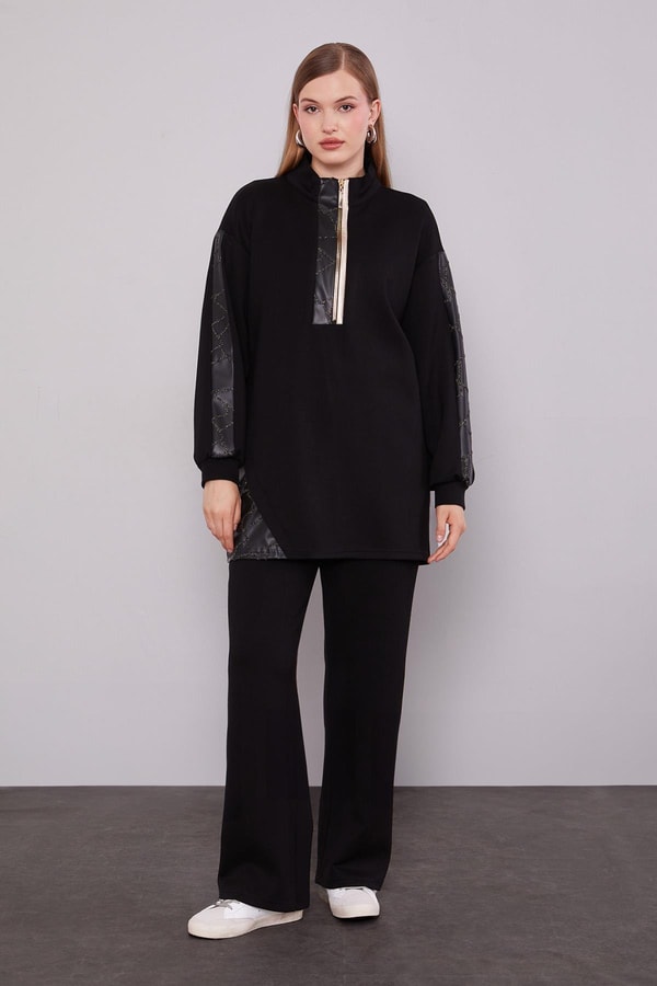 LevidorSiyah Deri Manşet Detaylı İkili Takım