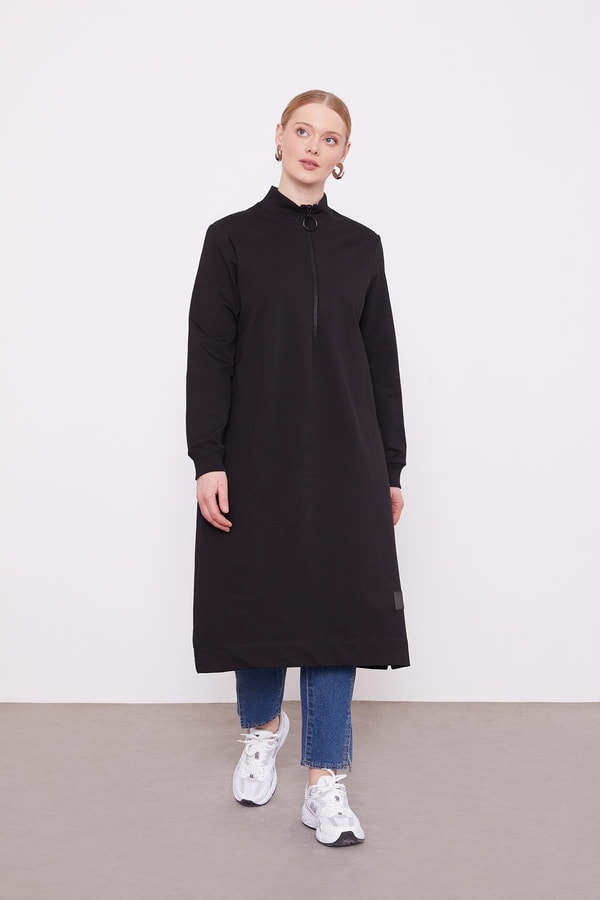 LevidorSiyah Dik Yaka Fermuar Kapamalı Penye Tunik