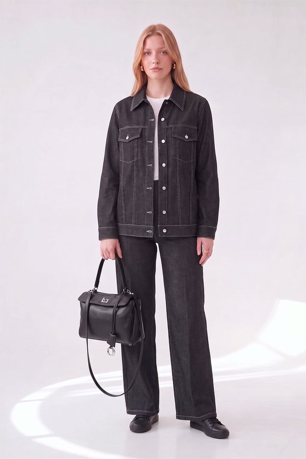 LevidorSiyah Dikiş Detaylı Denim Ceket ve Pantolon İkili Takım