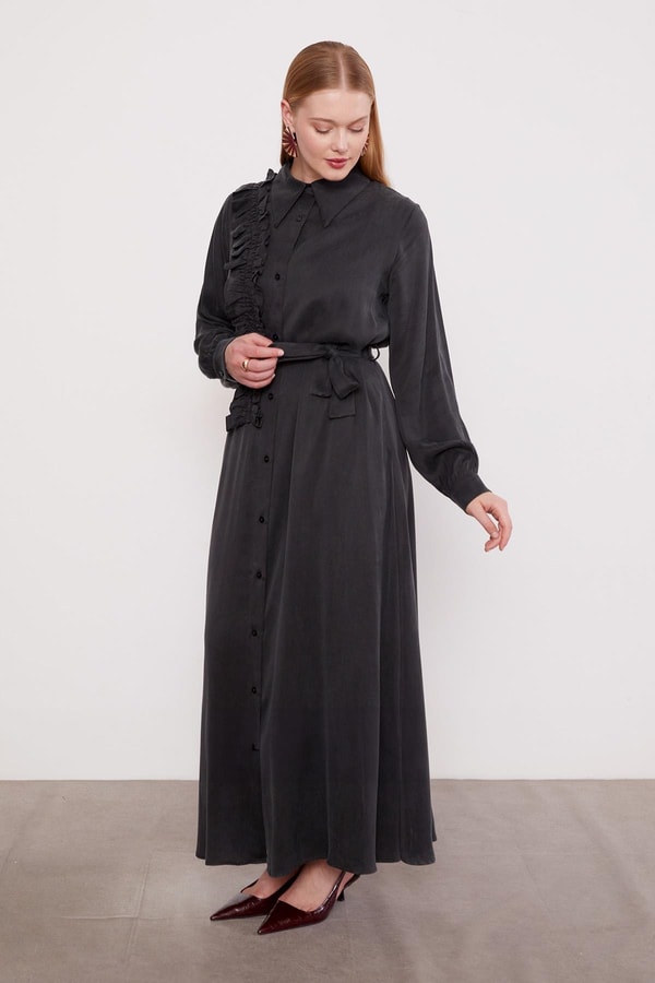 LevidorSiyah Düğme Detaylı Cupra Elbise