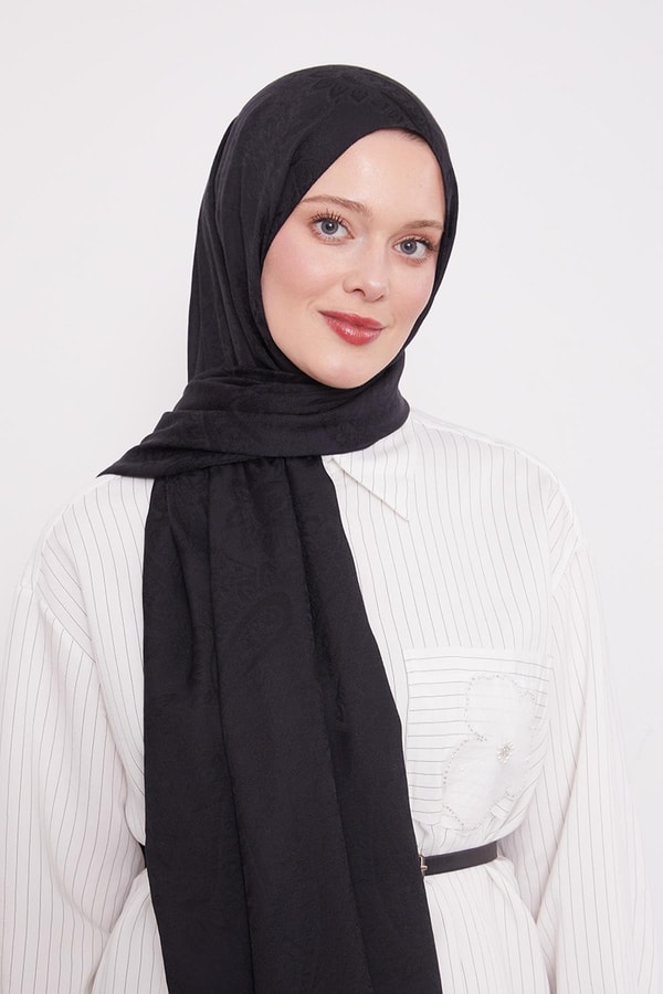 LevidorSiyah Etnik Desen İtalyan Jakar Şal