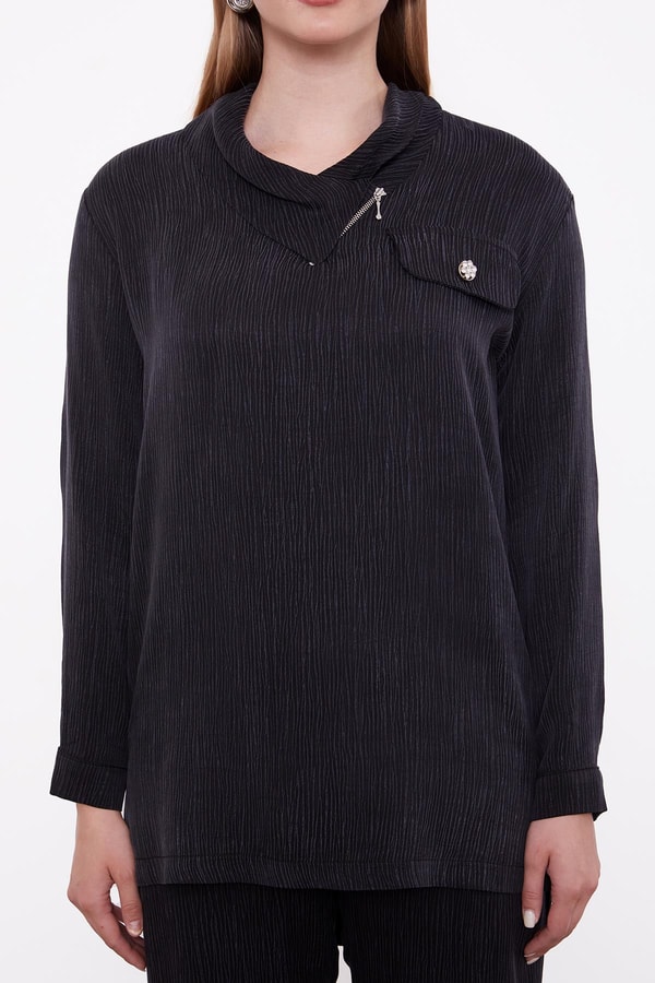 LevidorSiyah Fermuar Yaka Düğme Cep Detaylı Tunik Takım