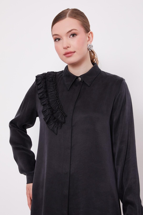LevidorSiyah Fırfır Detaylı Cupra Gömlek