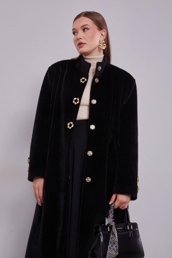 LevidorSiyah Gold Aksesuar Detaylı Kürk Kaban