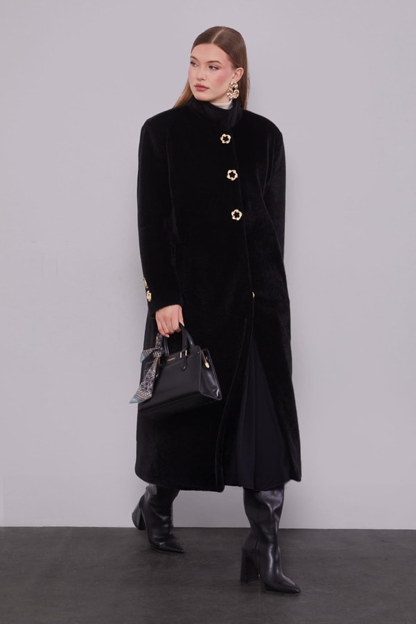 LevidorSiyah Gold Aksesuar Detaylı Kürk Kaban