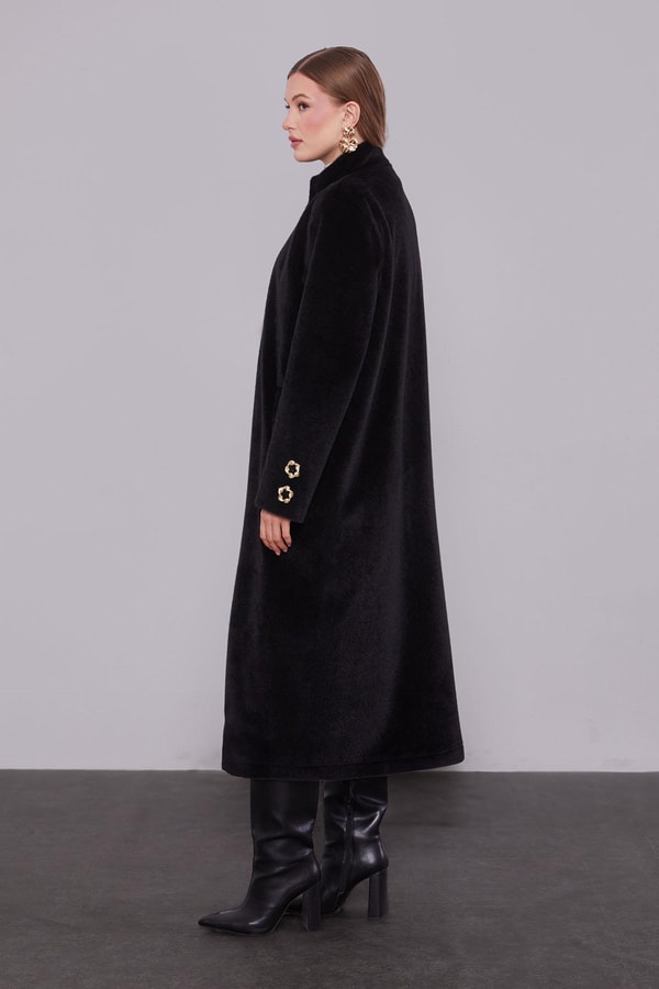 LevidorSiyah Gold Aksesuar Detaylı Kürk Kaban