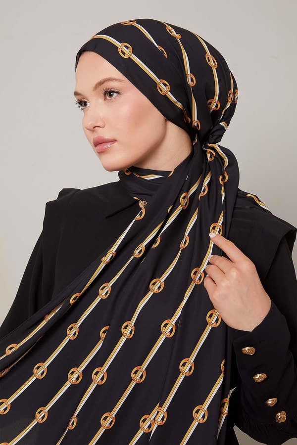LevidorSiyah-Gold Çizgili Halka Desen Club Şal