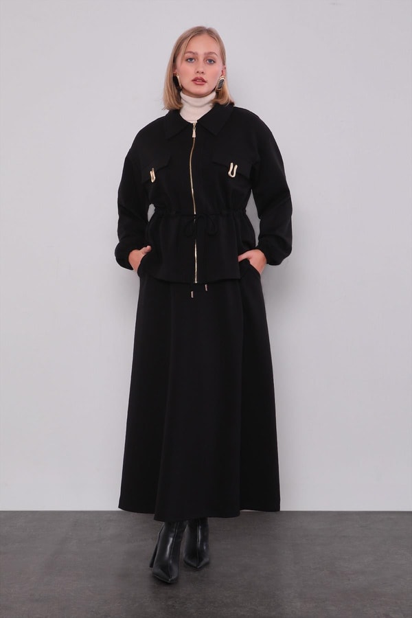 LevidorSiyah Gold Fermuar Detaylı Etek Takım