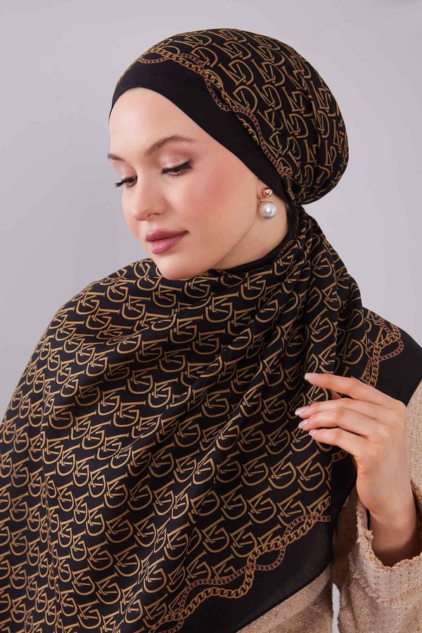 LevidorSiyah-Gold LVD Baskılı Yün İpek Şal