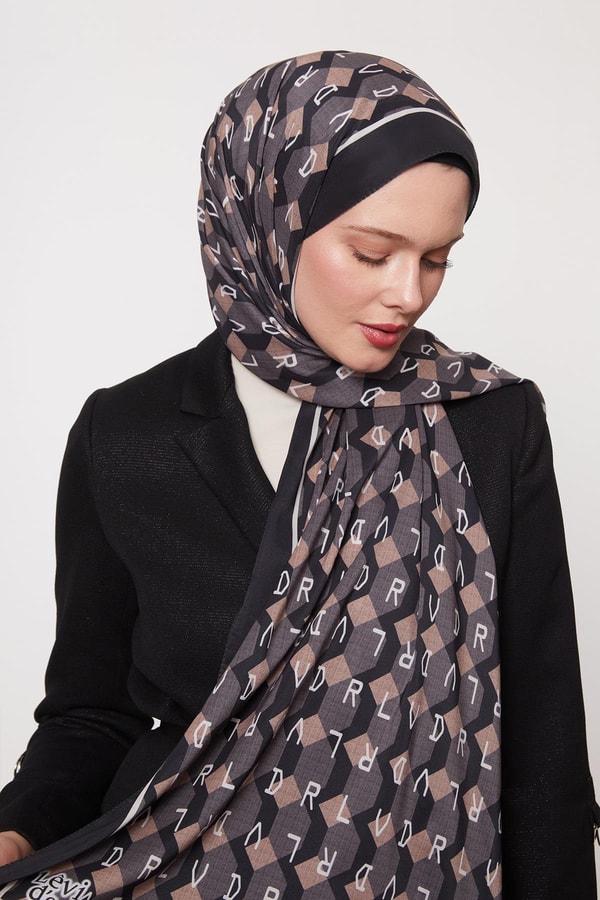LevidorSiyah-Gri Petek Desen Love Şal