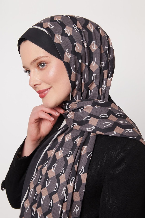 LevidorSiyah-Gri Petek Desen Love Şal