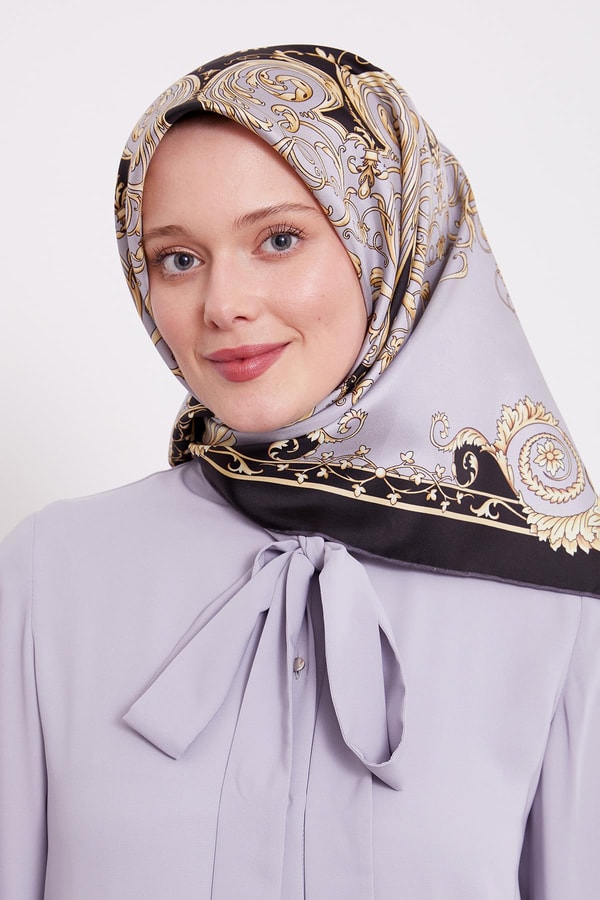 LevidorSiyah-Gri Varak Desenli Twill İpek Eşarp