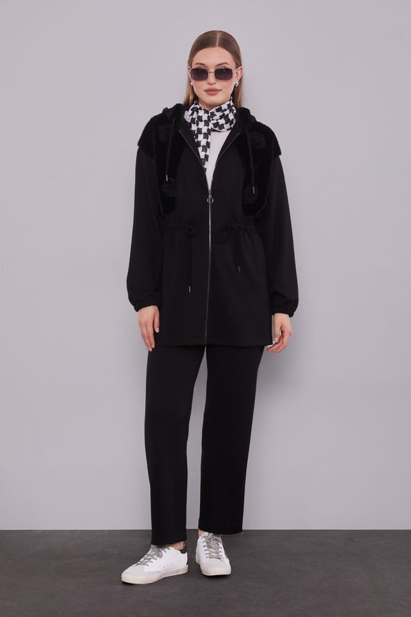 LevidorSiyah Gül Detaylı Bel Büzgülü İkili Takım