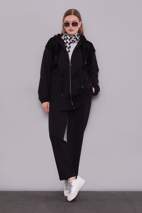 LevidorSiyah Gül Detaylı Bel Büzgülü İkili Takım