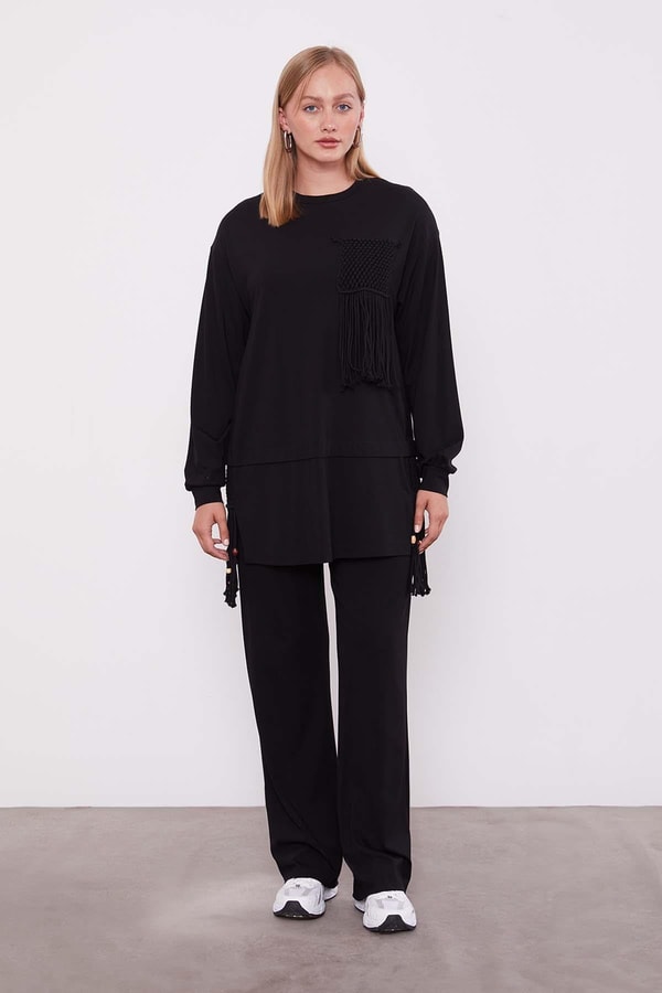 LevidorSiyah Hasır Püskül Detaylı İkili Takım