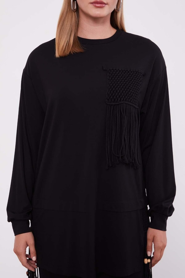 LevidorSiyah Hasır Püskül Detaylı İkili Takım